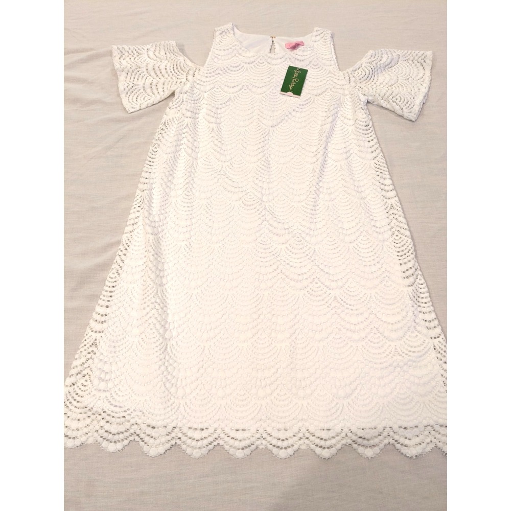 NEW Lilly Pulitzer Somerset Dress Sz: M Nylon Scalloped Lace Lined Cold Shoulder - Picture 12 of 16